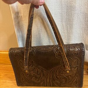 Vintage Genuine Leather Hand Tooled Made In Mexico Handbag Double Handle Purse